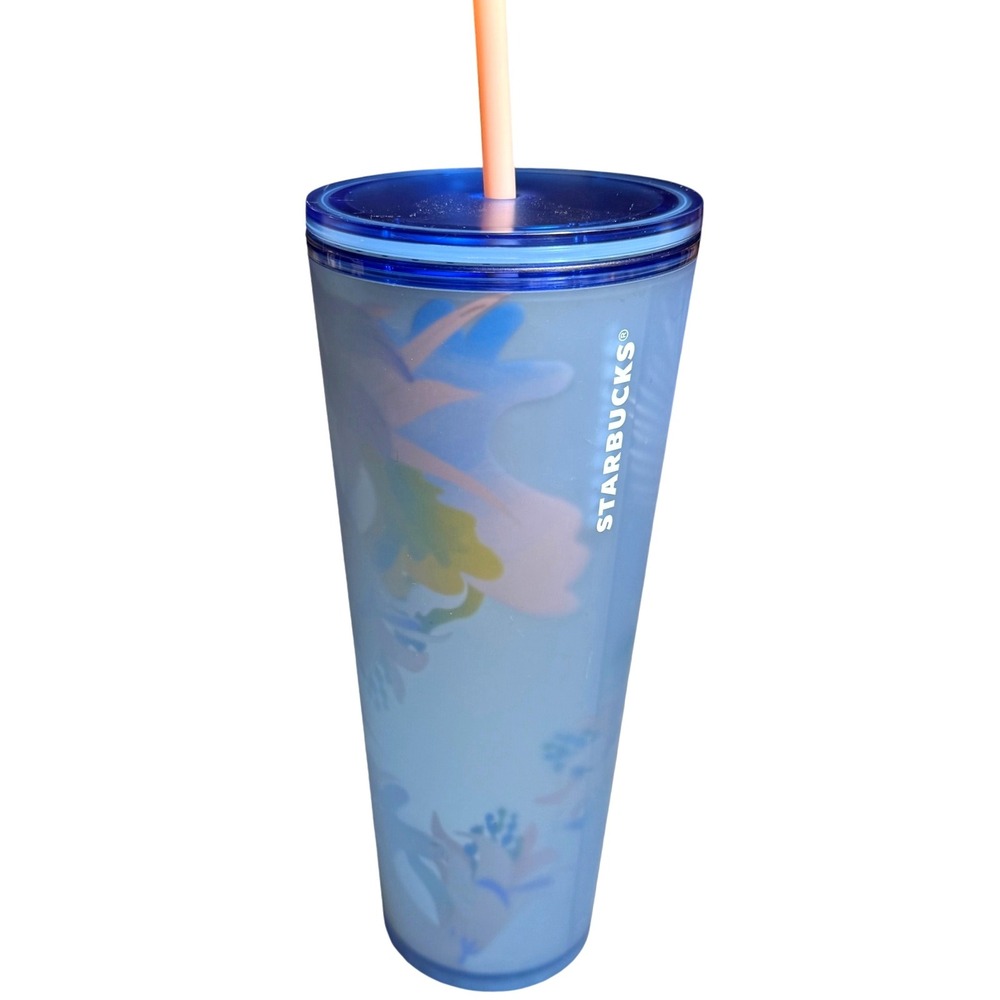 Starbucks Blue Floral Tumbler 24 oz With‎ Matching Straw Reusable BPA Free